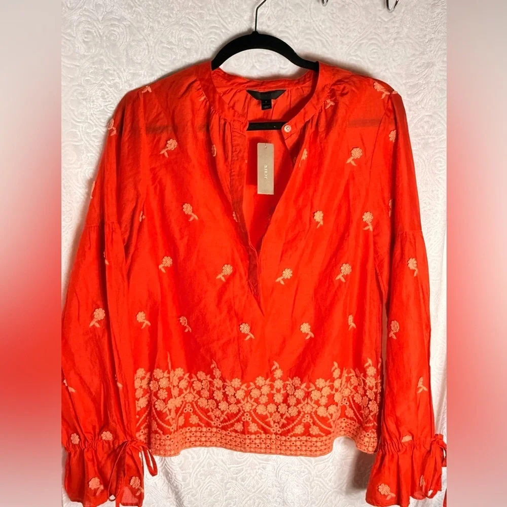 J.Crew Embroidered Floral Boho Top Orange Size S NWT